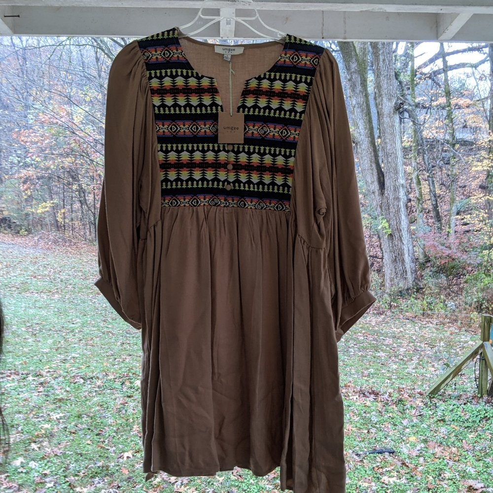 New tan dress with colorful stitching